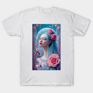 Romantic Lady With Flamingos And Roses T-Shirt